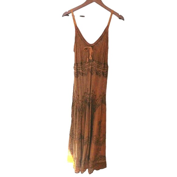 Sakkas Boho Maxi Dress 1X/2X Tan Embroidered Crinkle Cotton Rayon Elastic Bust - Picture 1 of 14